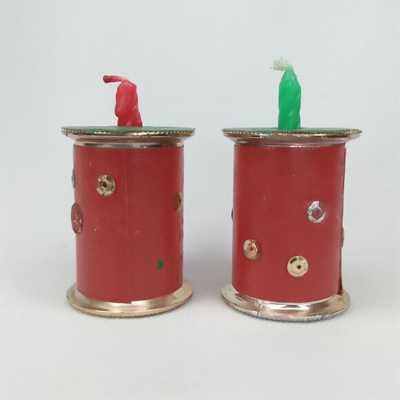 Vintage Christmas Candle Holders Set Of 2 Made From Thread Spools 1970s - Picture 5 of 9